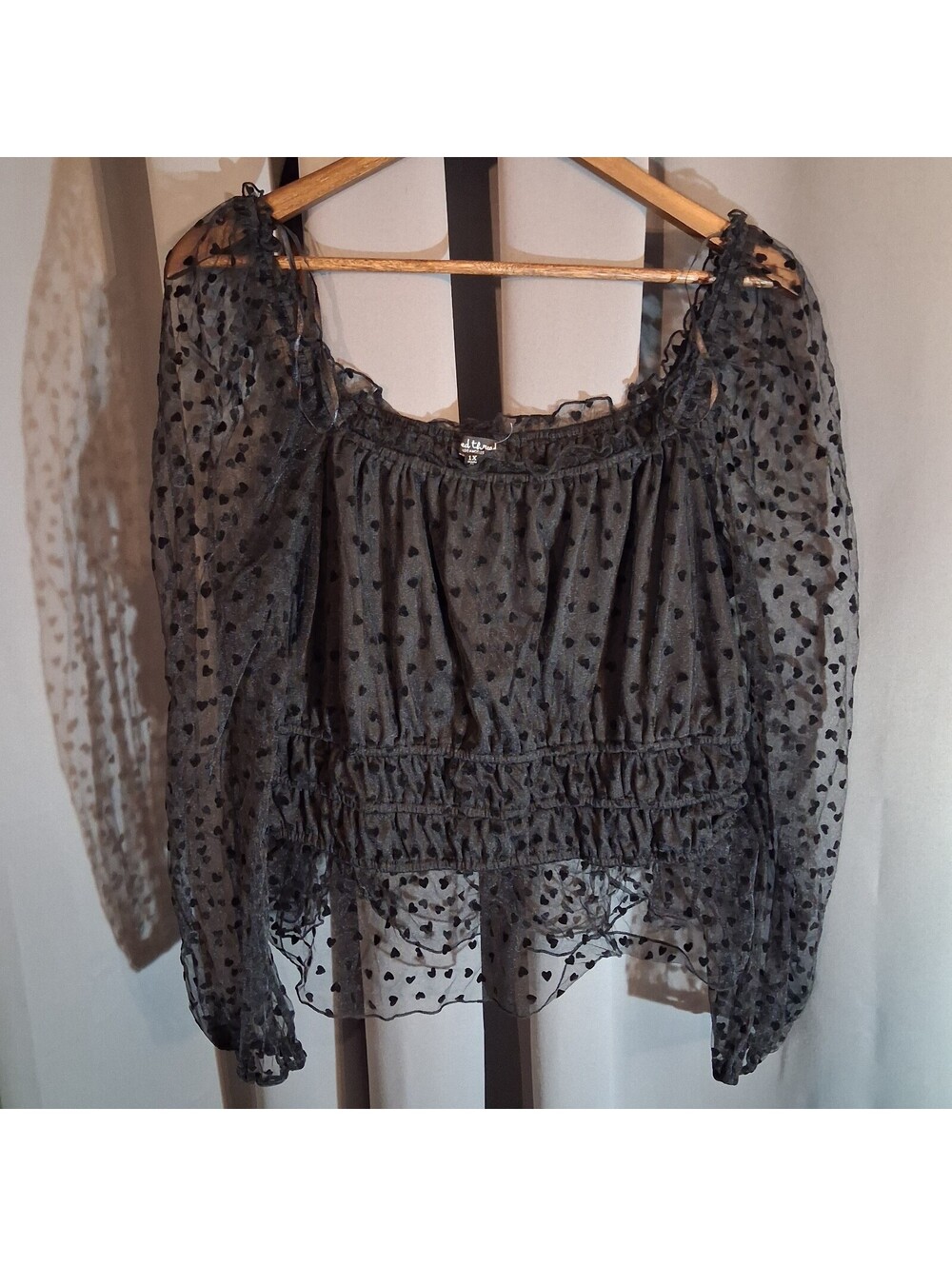 Mixed Threads Black Sheer Polka Dot Long Sleeve Crop Top 1X